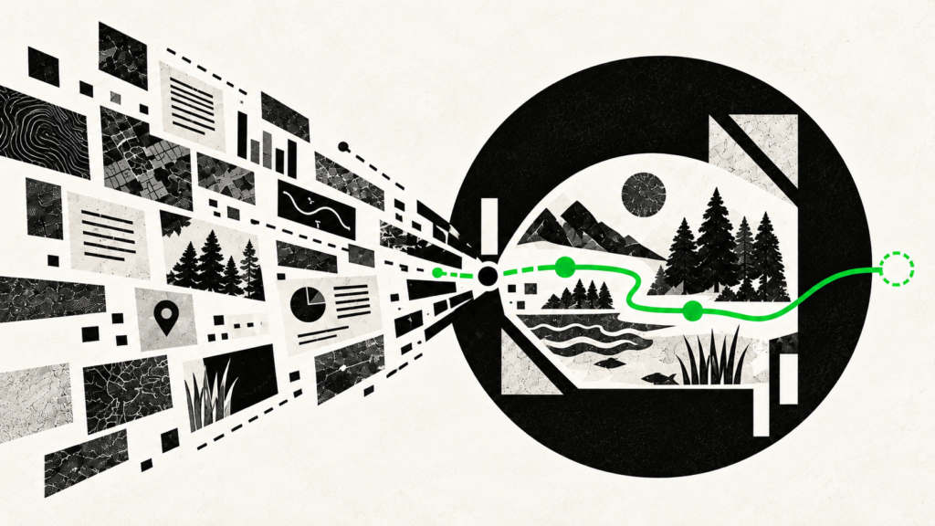 Black-and-white illustration of conservation maps and data converging into a circular landscape, with a green path extending through the scene.