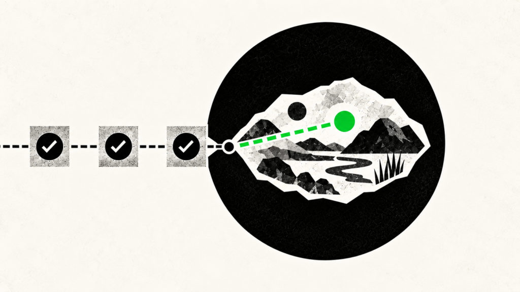 Illustration of three completed checklist steps leading into a winding landscape with obstacles and a green destination marker.