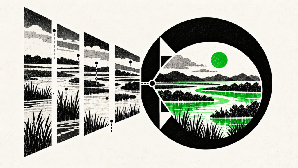 Black-and-white illustration of fragmented wetland landscapes converging into a circular view with green-highlighted waterways and vegetation.