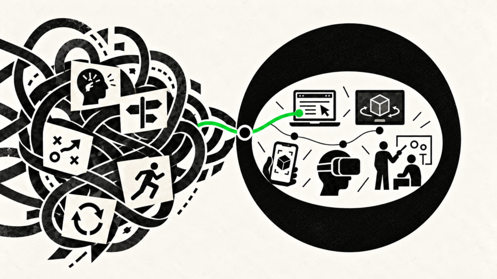 Black-and-white illustration of connected simulation environments, with a green pathway linking different learning and decision-making scenarios.
