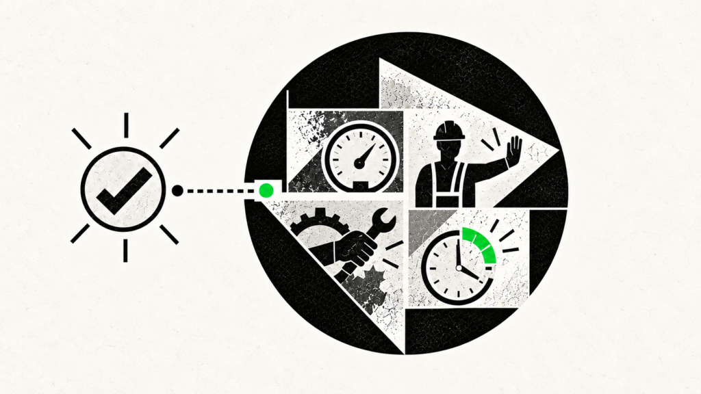 Illustration of a checkmark connected to workplace safety symbols, including a gauge, worker signalling stop, tools and a timer.