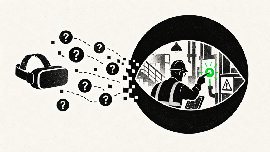 Illustration of a VR headset connected by question marks to a worker interacting with industrial equipment inside an eye-shaped frame.