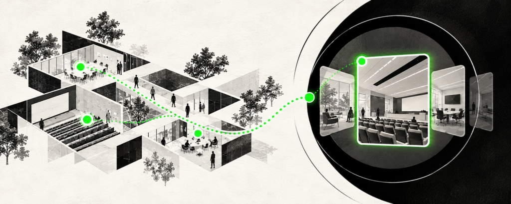 Monochrome collage of a facility floor plan with a vivid green selection path leading to three alternate room views, one selected in a circular lens.