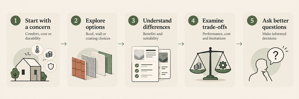 Five-stage progression from a product concern through options, differences and
trade-offs to informed questions.