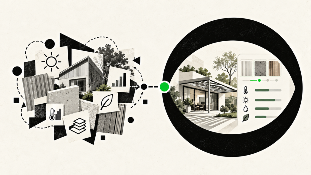 Minimalist illustration connecting building materials with an interactive comparison of product benefits.